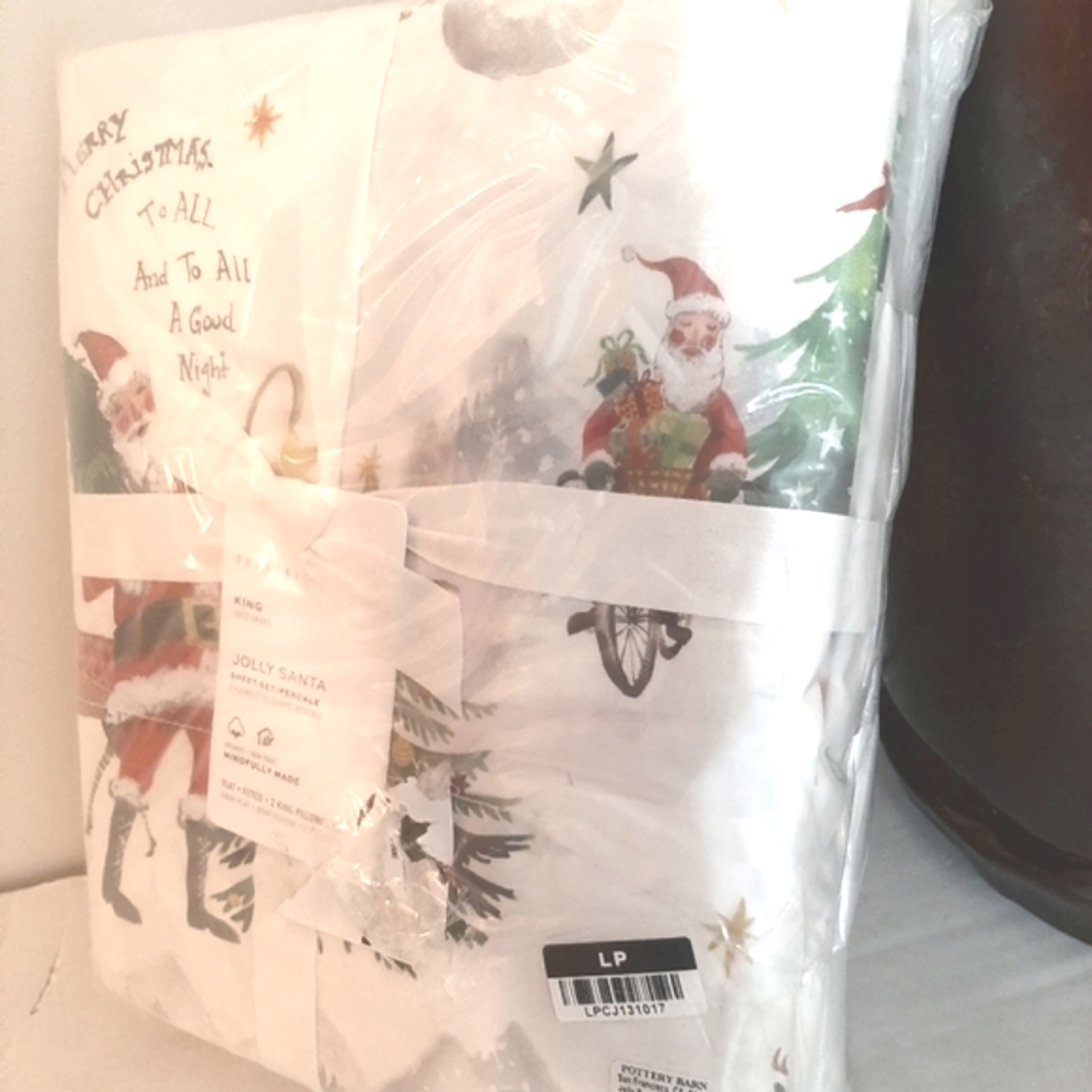 Pottery Barn Jolly Santa KING Cotton Percale Sheet Set - Picture 10 of 12
